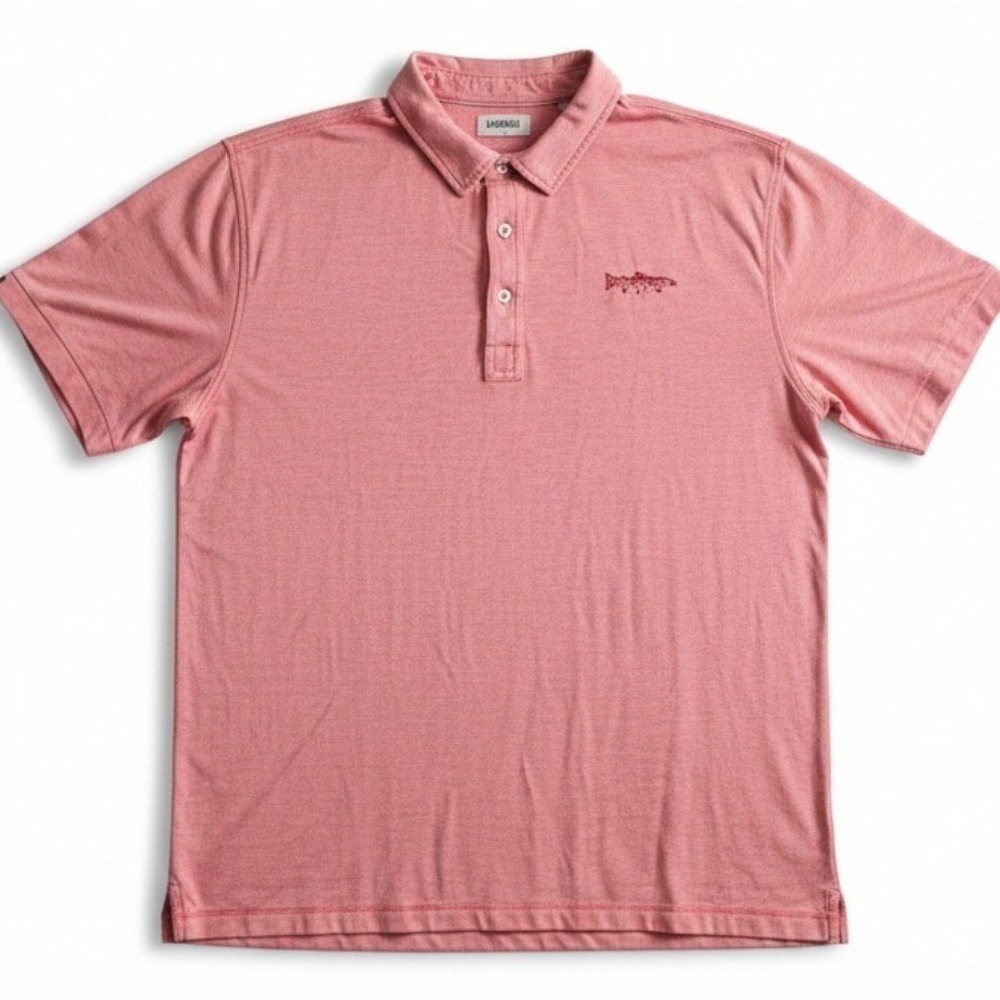 Linksoul Men's XL Red & White Stripe‎ Golf Polo Fish Logo Tempus Fugit